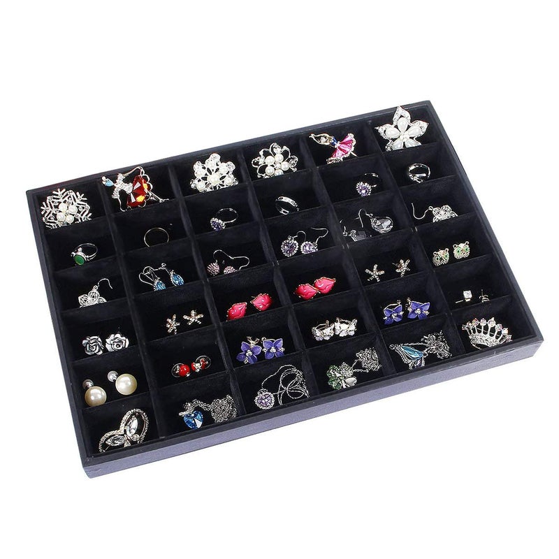 Pimuza Black Velvet Stackable 36 Compartments Jewelry Tray Showcase Display Organizer Holder Rectangle Storage Box Case Containers Chest for Women Gemstone,Pendant,Key,Marble,Crystal Stone,Accessory,Diamond - Image 1